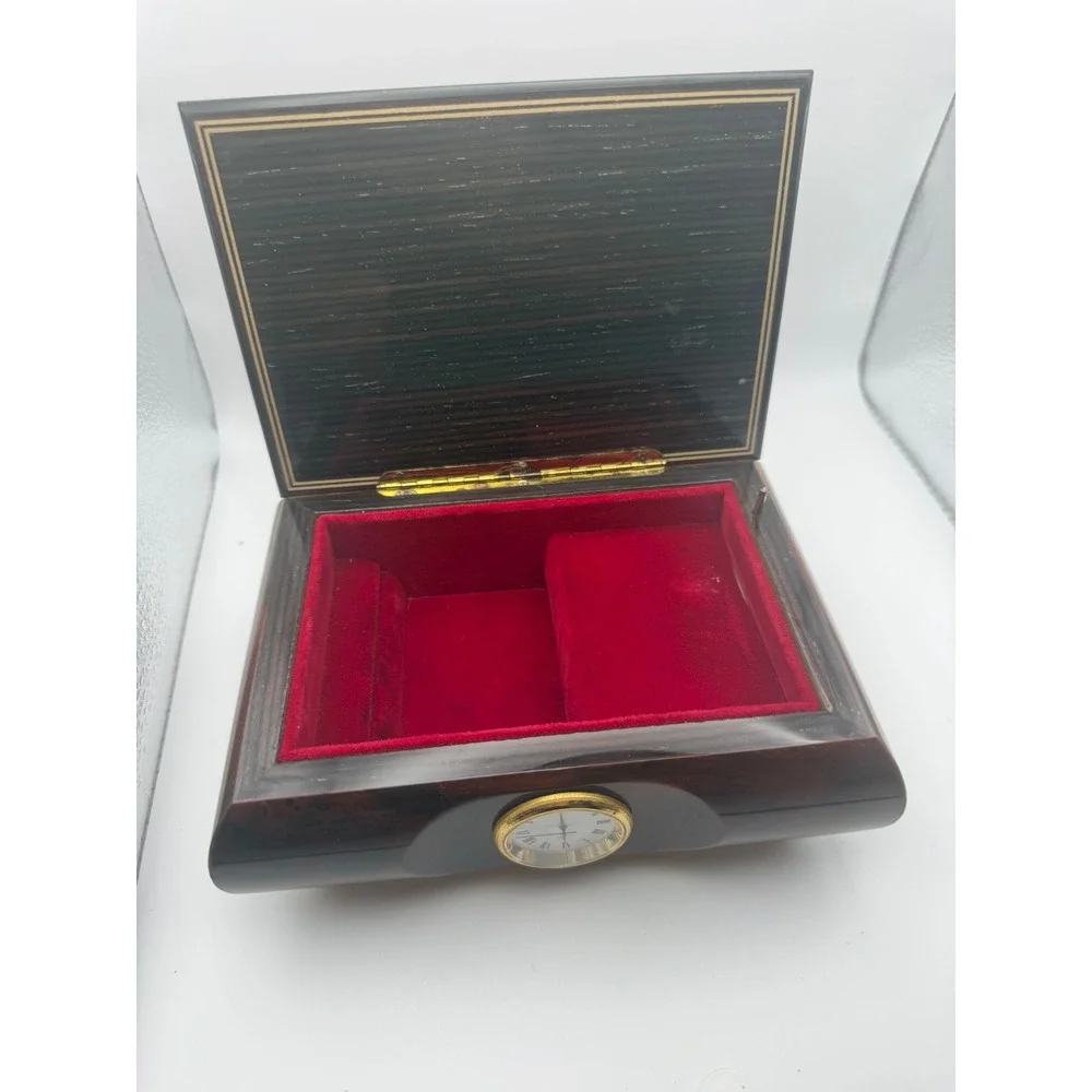 Vintage Romance Italian Inlaid Wood Jewelry Music Box Floral Marquetry Clock